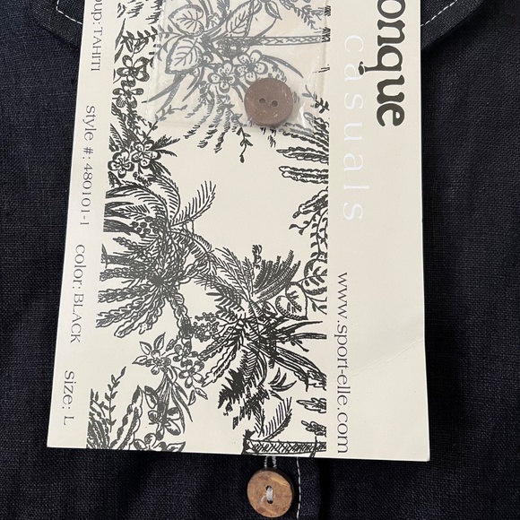 ONQUE Casuals Black LINEN Jacket 3/4 Sleeve Size Large Wood Buttons Front Pocket - Picture 4 of 8